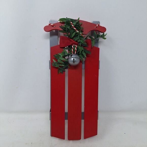 Christmas Sled Red Wood Holly Bell Wall Hanging Decoration Winter Holiday Decor - Picture 1 of 7